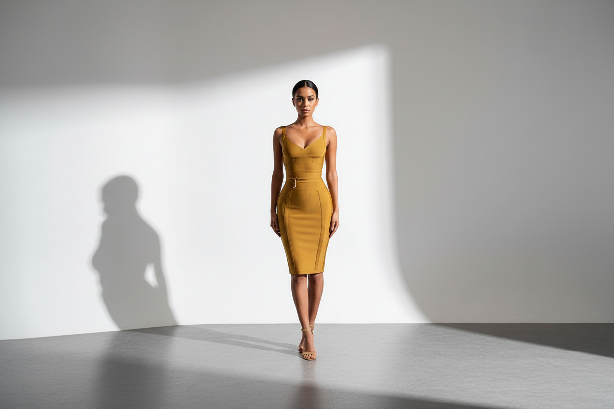 Woman in a mustard yellow dress standing against a white wall with a soft shadow.