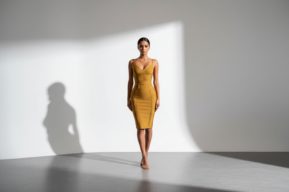 Woman in a mustard yellow dress standing against a white wall with a soft shadow.