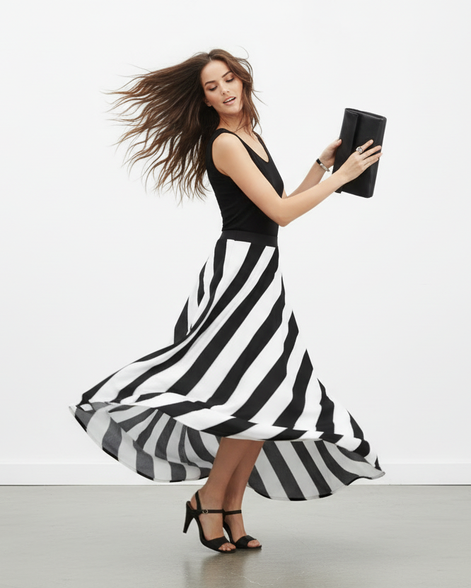 Woman in a black and white striped dress holding a black clutch against a white background