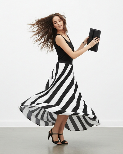 Woman in a black and white striped dress holding a black clutch against a white background