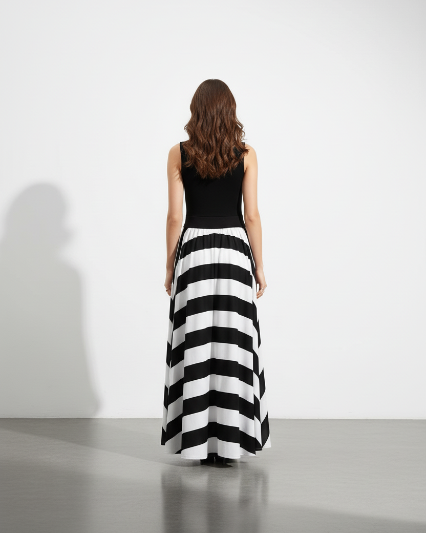 Woman wearing a striped long dress with maxi skirt on a plain background
