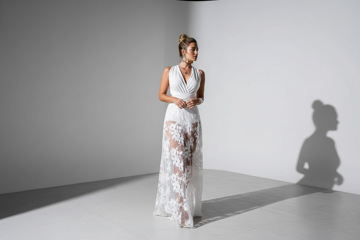 Woman wearing a white lace dress, Ideal for beach, standing against a plain background
