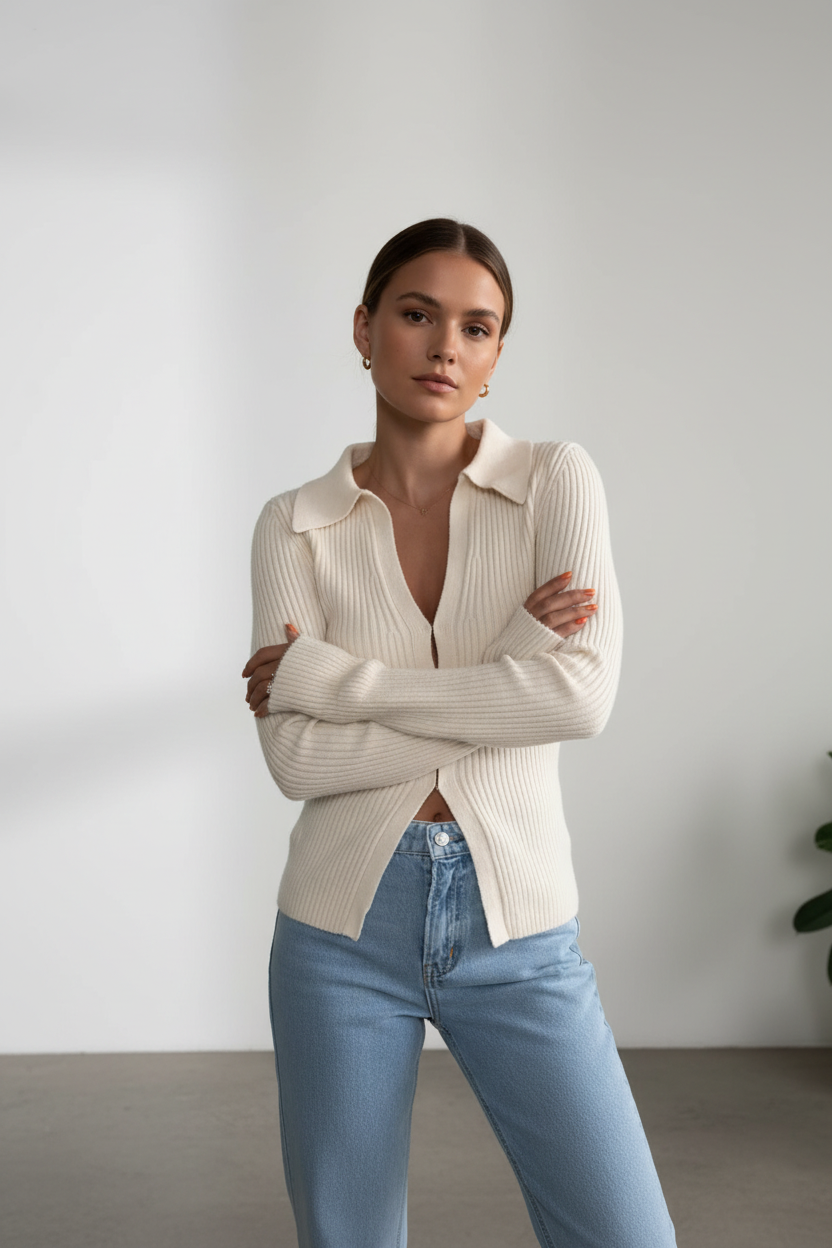 Woman wearing a cream ribbed sweater over a black top with blue jeans against a plain background
