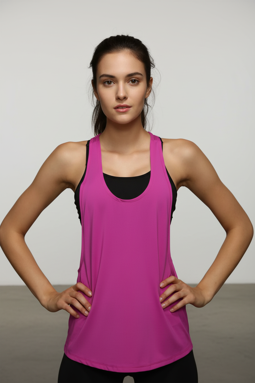 Woman wearing a pink tank top with black trim against a plain background