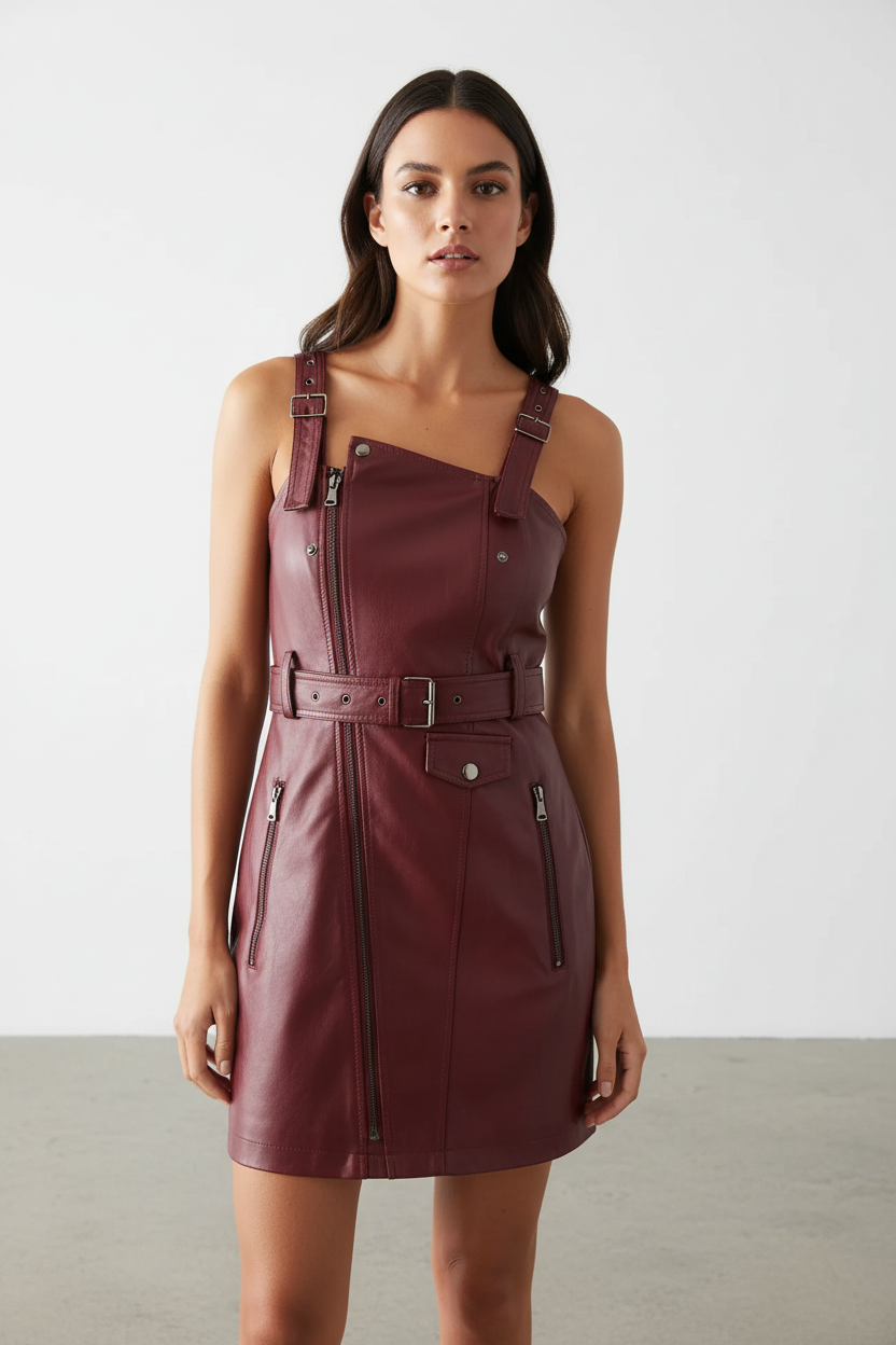Woman wearing a burgundy leather pinafore dress against a white background