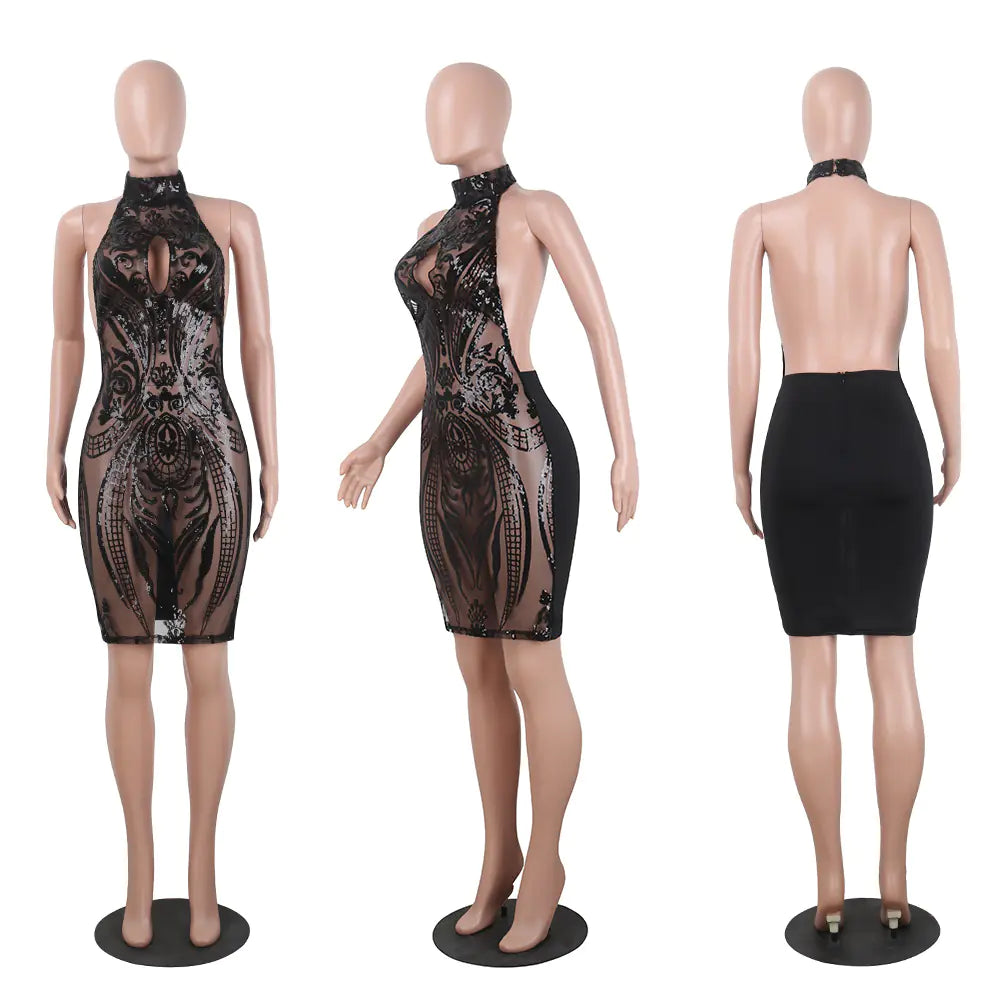Black lace dress on a mannequin with three different angles displayed.