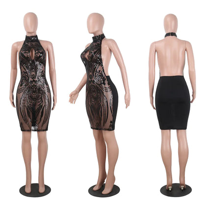 Black lace dress on a mannequin with three different angles displayed.
