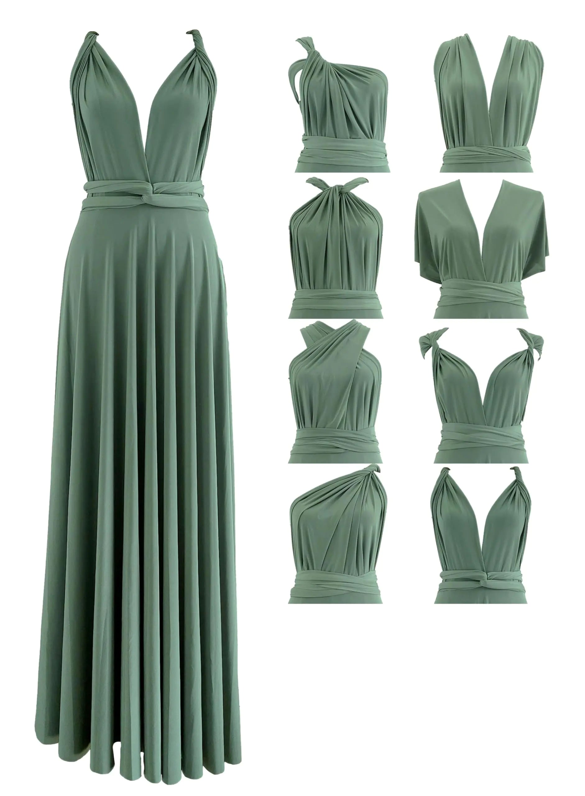 Green dress shown in various styles on a white background. Infinity dress with bandeau. Multiway bridesmaid dress