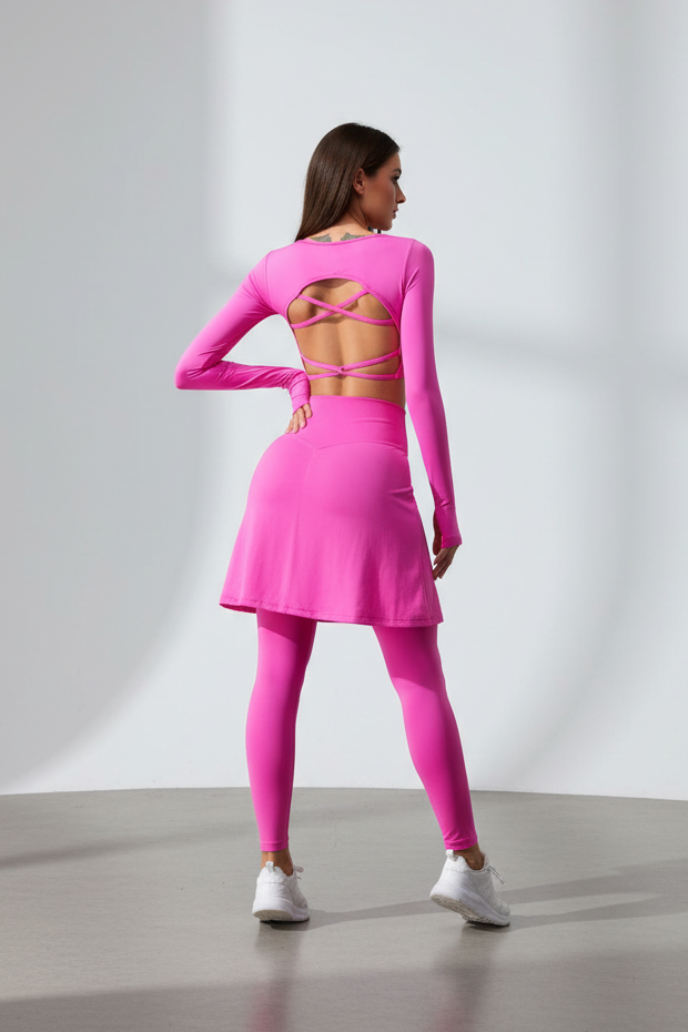 Woman wear pink serenity back yoga top 