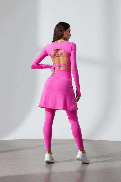 Woman wear pink serenity back yoga top 