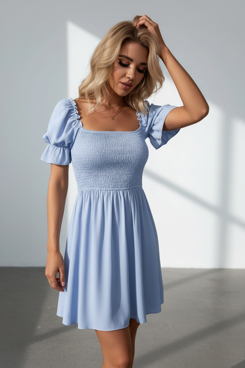 woman wear blur square neck dress 