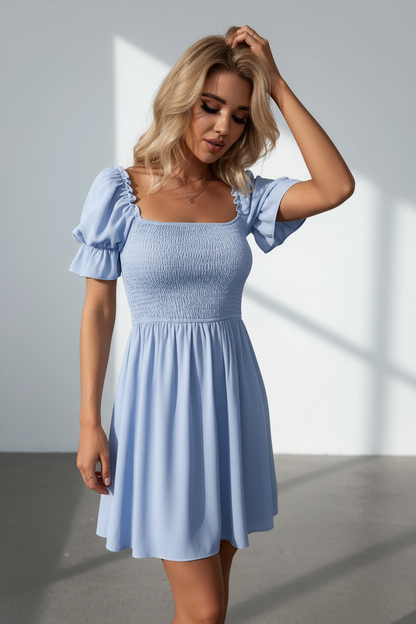 woman wear blur square neck dress 