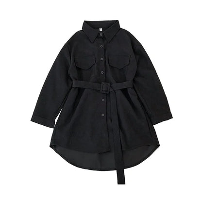 Black shirt dress with a belt on a white background