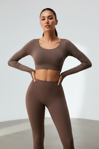 Woman wear brown serenity back yoga top