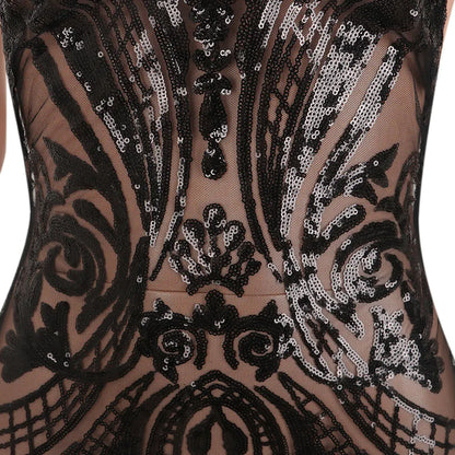Close-up of a black lace garment with sequin embellishments, beautiful dress for night club 