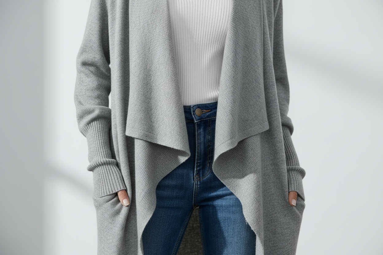 Person wearing a gray cardigan, white turtleneck, and blue jeans on a plain background