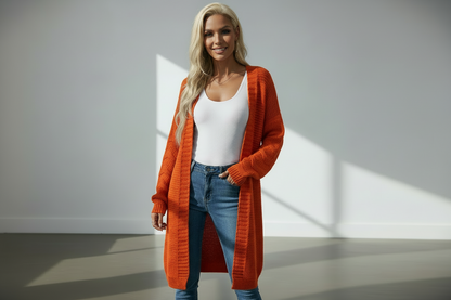 Solid color knitted long cardigan for women