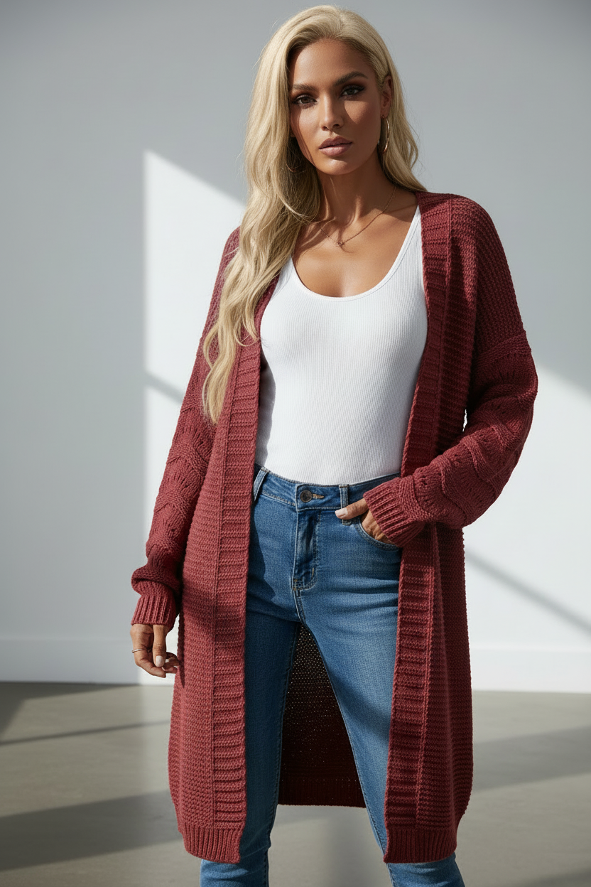 Solid color knitted long cardigan for women