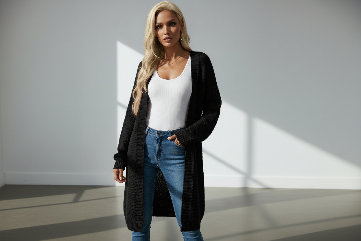 Solid color knitted long cardigan for women