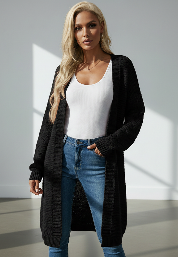 Solid color knitted long cardigan for women