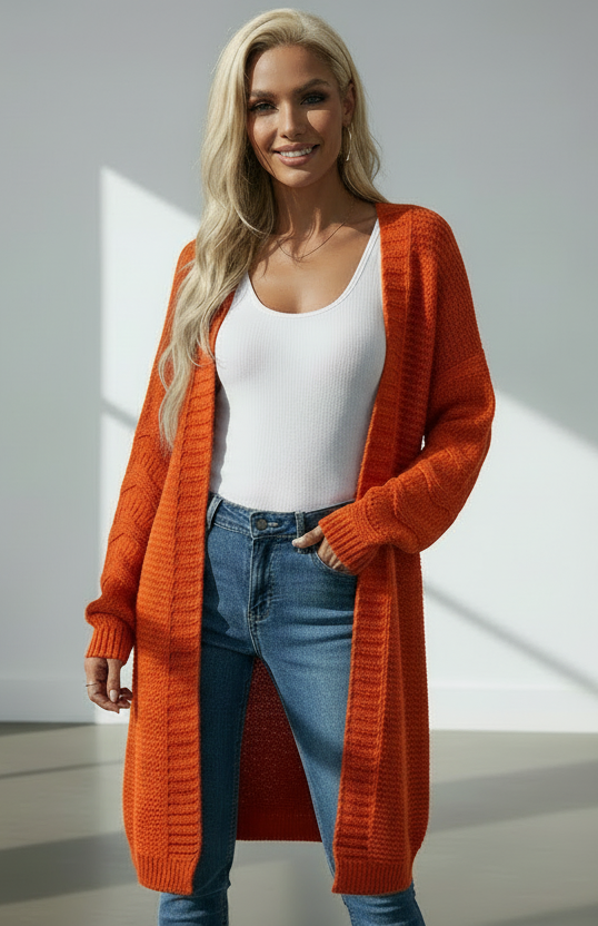 Solid color knitted long cardigan for women
