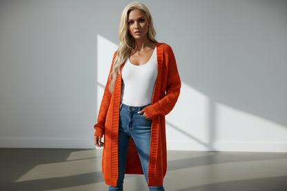 Solid color knitted long cardigan for women