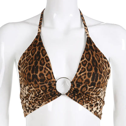 Leopard print halter top on a mannequin against a white background
