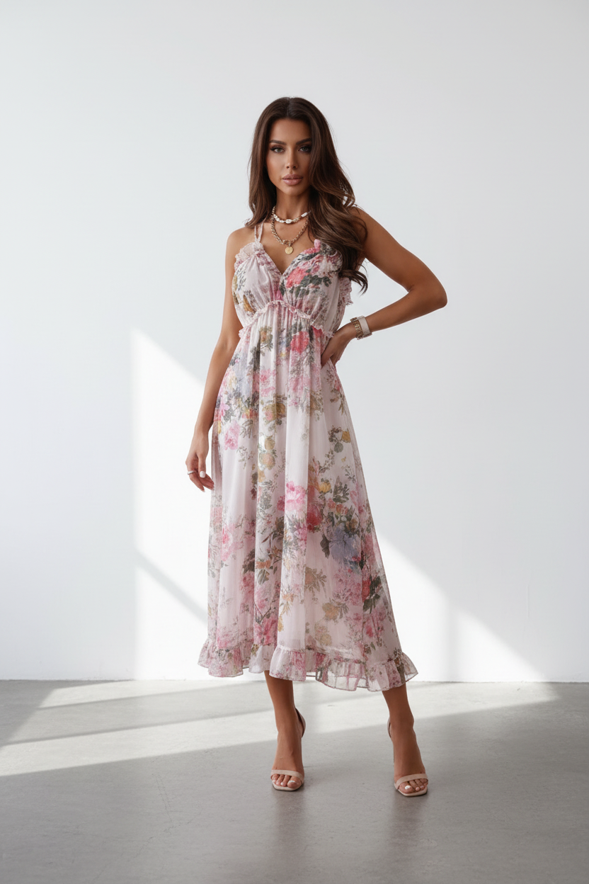 Woman wearing a pink floral light chiffon dress