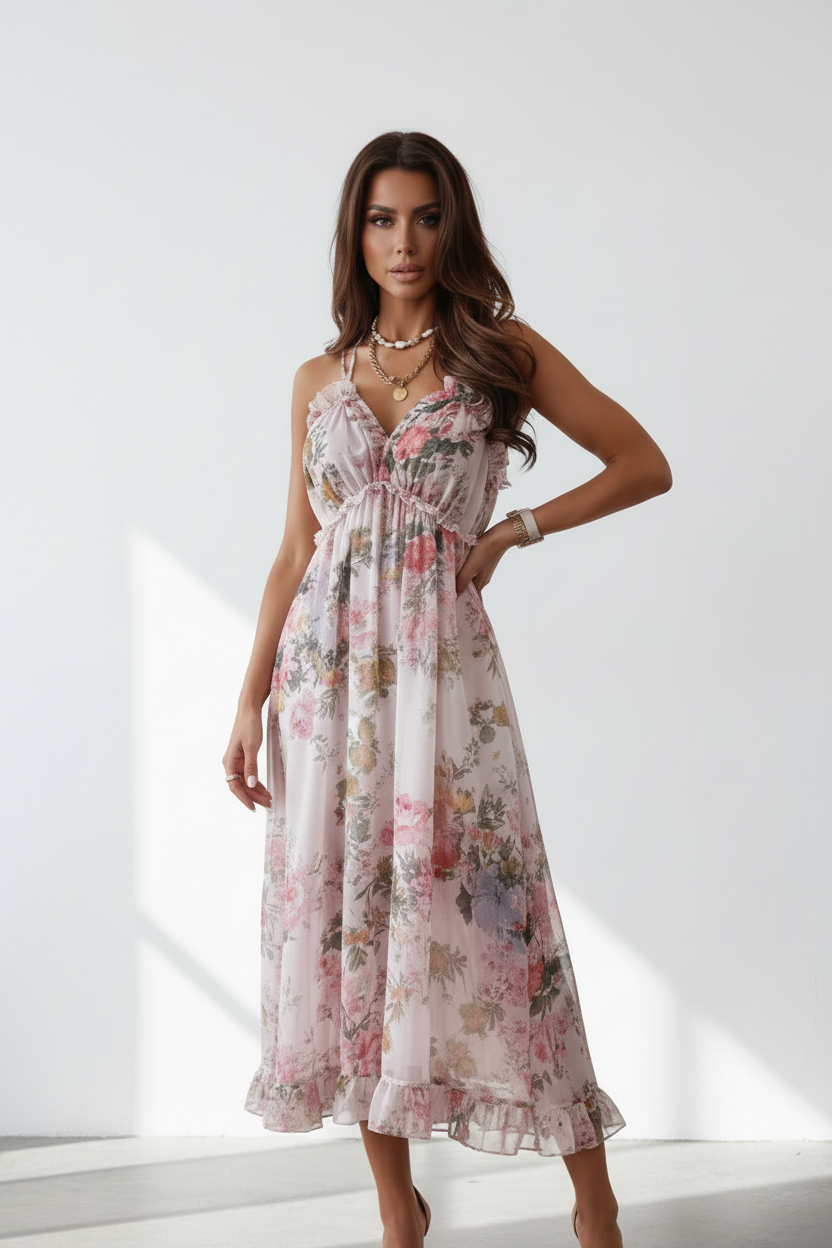 Woman wearing a pink floral light chiffon dress
