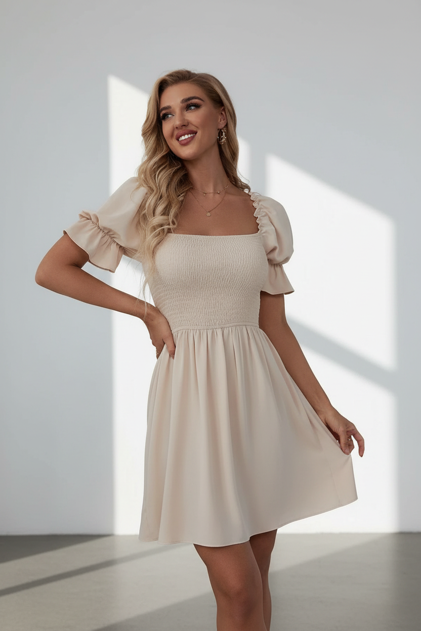 Woman wearing a beige dress with ruffled sleeves in a bright room.