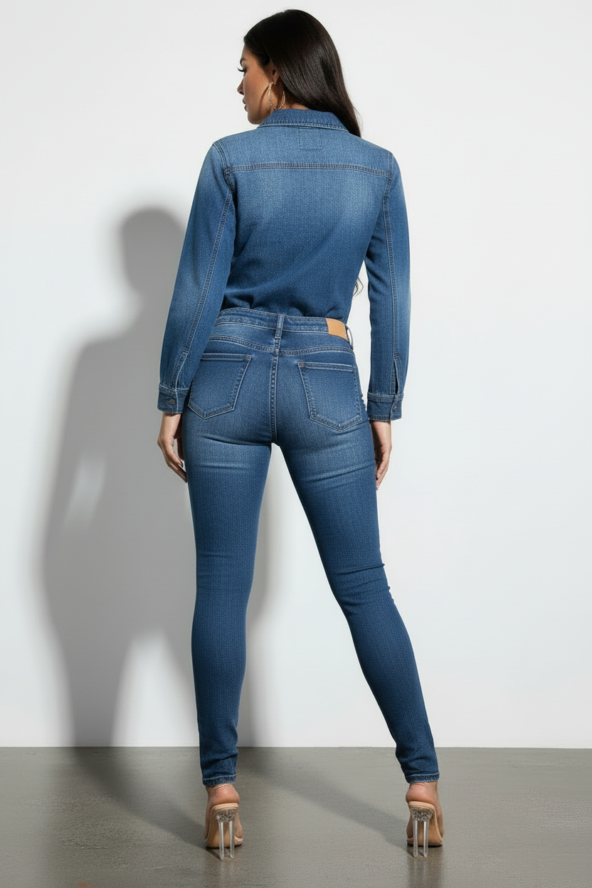 Woman wearing a blue denim outfit against a white background