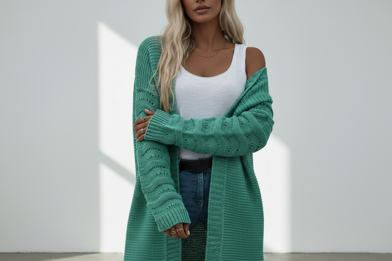 Solid color knitted long cardigan for women
