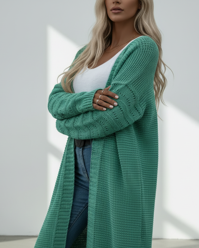 Solid color knitted long cardigan for women