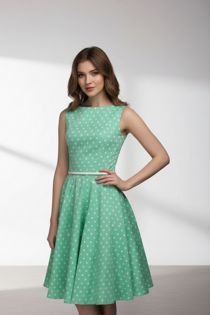 Woman wearing a green polka dot dress 