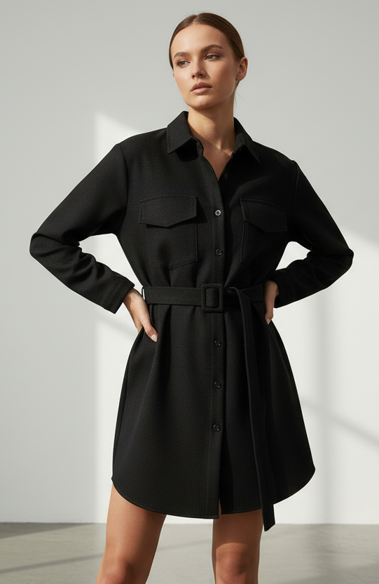 Woman wearing a black shirt dress with a belt against a neutral background