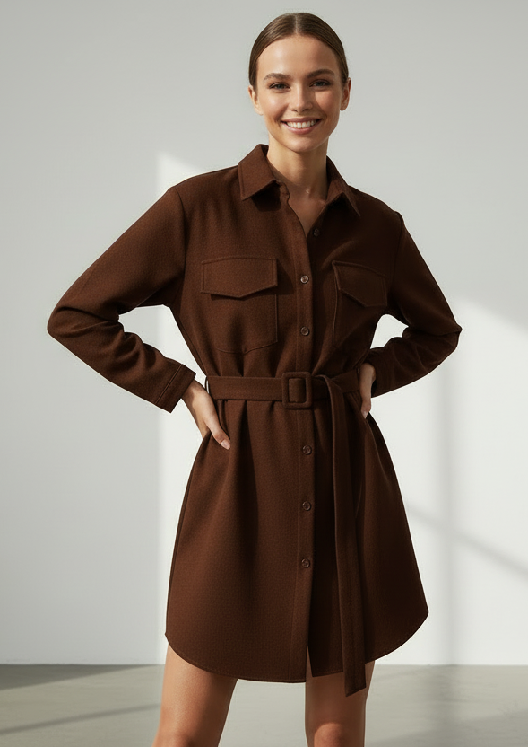 Woman wearing a brown dress with a belt against a plain background