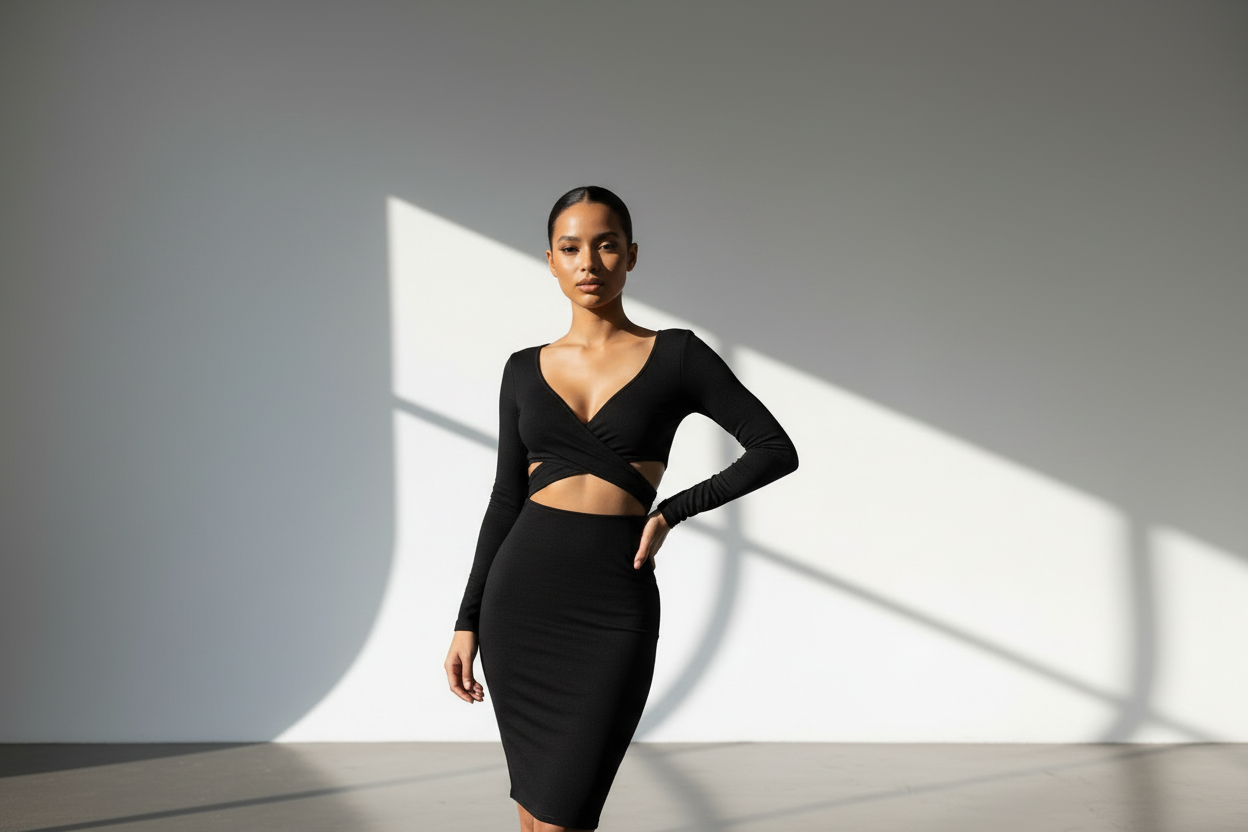 Woman wearing a black dress standing against a gray wall with light shadows.