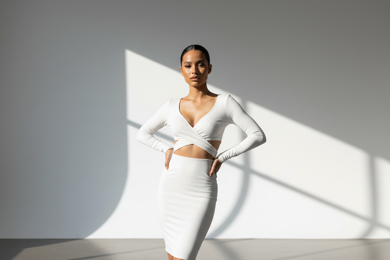 Woman wearing a white outfit standing against a gray wall with light casting shadows.