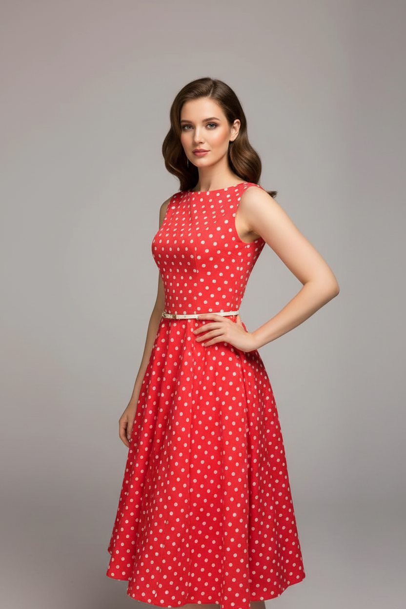 Woman wearing a red polka dot dress