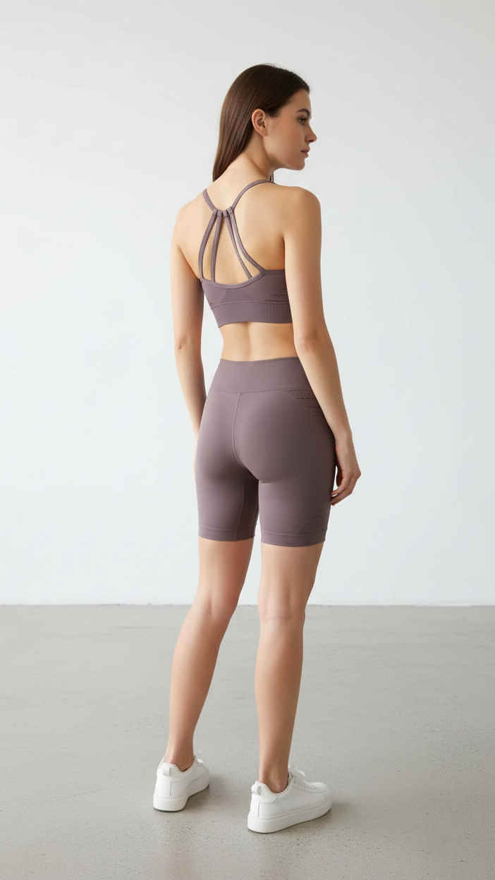 Woman wearing a matching sports bra and high-waisted shorts set on a plain background