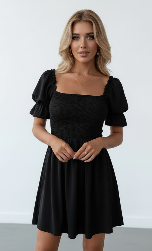Woman wearing a black dress with puff sleeves against a plain background