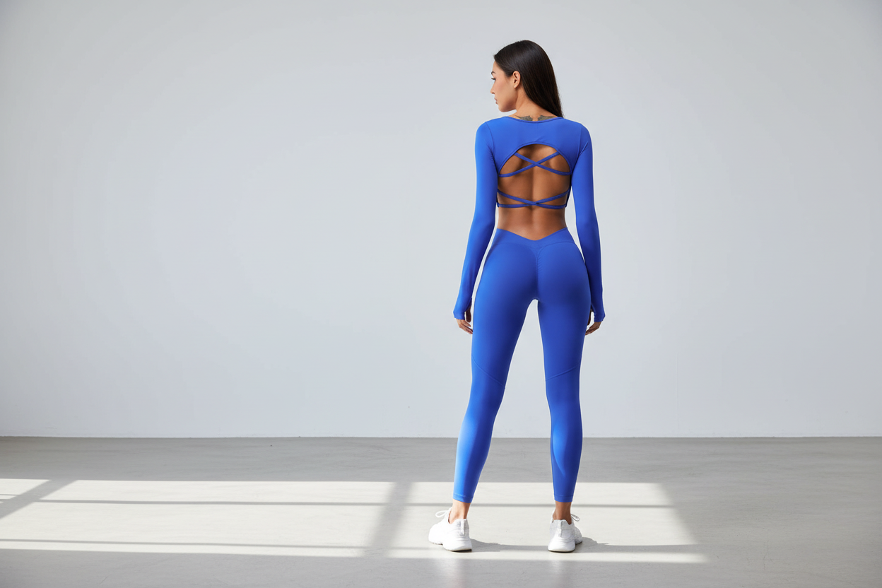 Woman wear blue serenity back yoga jacket 