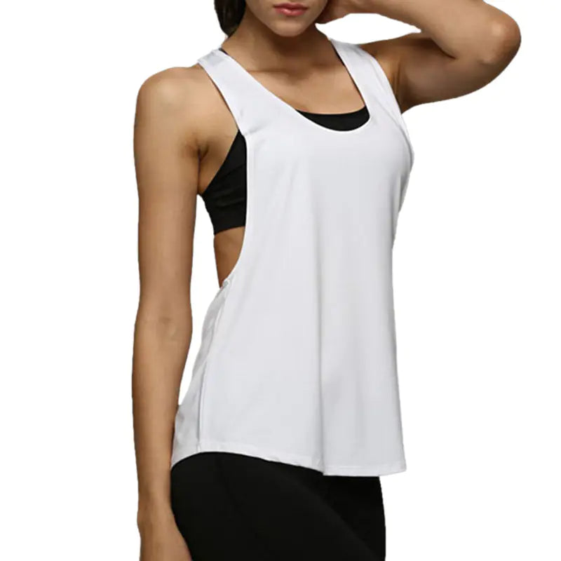 White tank top with black accents worn by a model on a white background