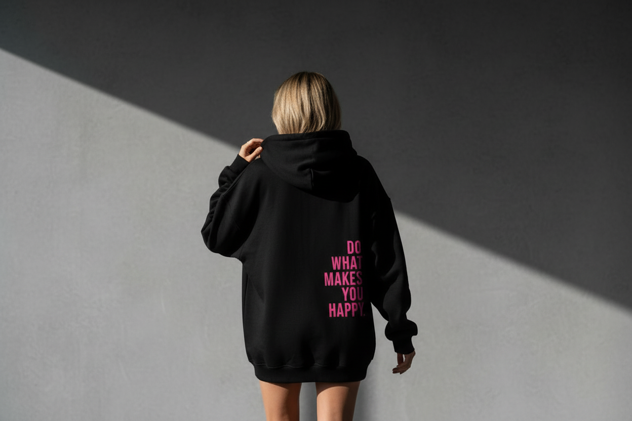 Person wearing a black hoodie with pink text on the back, standing against a gray background