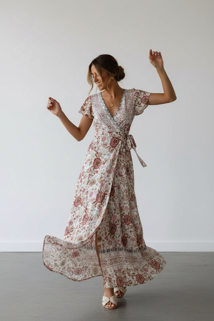 Woman wearing a floral dress against a plain background