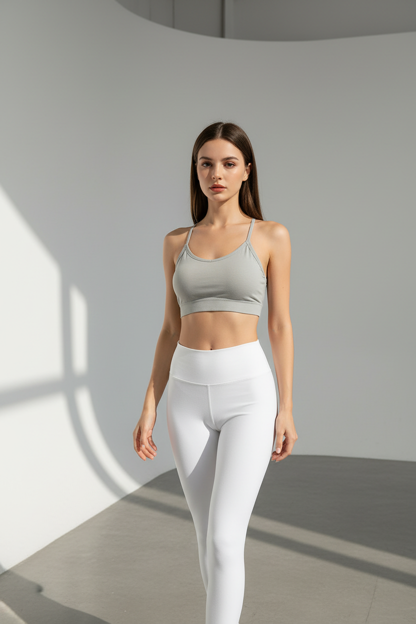 Woman wearing a gray sports bra and white leggings in a minimalistic setting