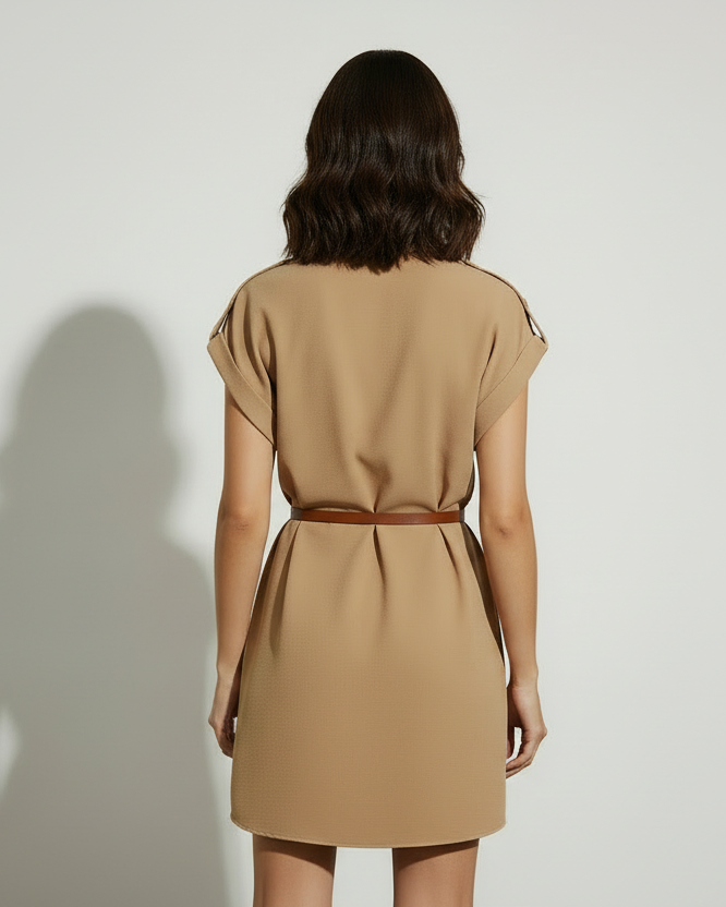 Woman wearing a beige dress with a belt on a plain background