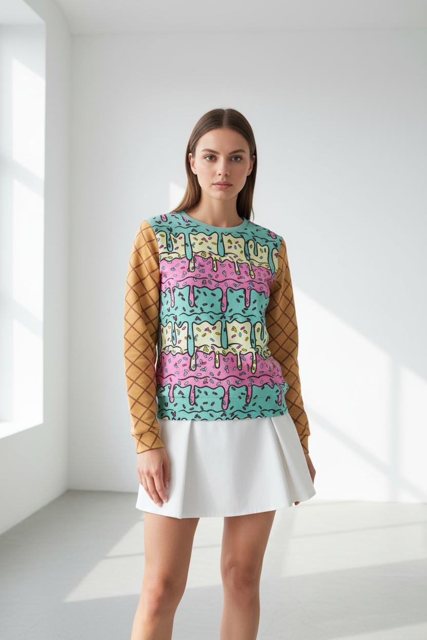 Woman wearing a colorful patterned top and white skirt in a bright room