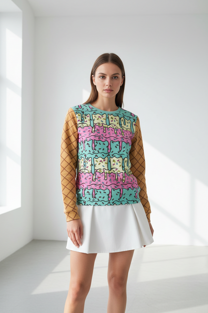 Woman wearing a colorful patterned top and white skirt in a bright room