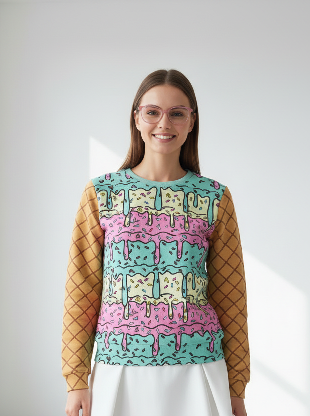 Woman wearing a colorful sweater with a geometric pattern on a white background
